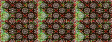 Raster illüstrasyonu. Çiçeklerle suluboya desenli çiçek deseni. Gri ve kahverengi renkli Asya tekstili.