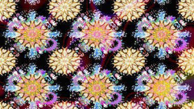 Düz Çiçek Elementleri Tasarımı. Renkli Bahar Temalı Kusursuz Arkaplan. Raster illüstrasyonunda kusursuz çiçek deseni. Siyah ve bej renkli çiçekler.