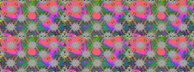 Asya tekstil tarzında. Raster illüstrasyonu. Gri ve yeşil renkli çiçekler. Raster illüstrasyonu. Kusursuz çiçek deseni.