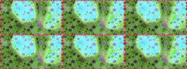 Yeşil ve mavi renkli şirin çiçek desenleri. Renkli Bahar Temalı Kusursuz Arkaplan. Raster Modaya uygun kumaş deseni. Düz Çiçek Elementleri Tasarımı.