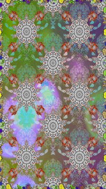 Düz Çiçek Elementleri Tasarımı. Raster illüstrasyonu. Renkli Bahar Temalı Kusursuz Arkaplan. Gri renkli çiçekler. Çiçekli, suluboya desenli kusursuz çiçek deseni.