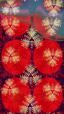 Halk tarzı. Parlak renkli çiçekli ve kırmızı yapraklı harika bir çiçek deseni. Moda baskıları için zarif bir şablon. Modern çiçek arkaplanı.