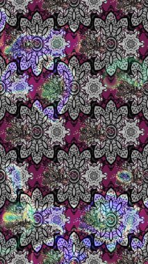 Parlak renkli çiçekleri ve gri renkli yaprakları olan harika bir çiçek deseni. Moda baskıları için zarif bir şablon. Modern çiçek arkaplanı. Halk stili.