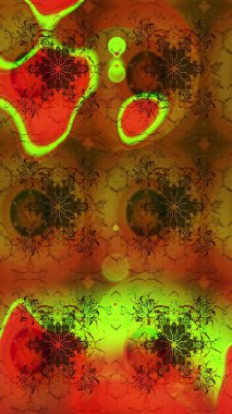 Kahverengi ve yeşil renkli Asya tekstili. Raster illüstrasyonu. Çiçek desenini çiz.