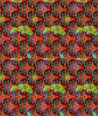 Raster illüstrasyonu. Şirin çiçekli eskiz deseni ve kırmızı renklerde yapraklar, suluboya çiçek deseni, duvar kağıdı, kart veya kumaş için fayanslı.