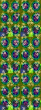 Kumaş, tekstil, duvar kağıdı baskısı için. Raster illüstrasyonu. Eskiz geçmişi. Renkli desenli eskiz deseni, yeşil çiçekler ve dekoratif elementlerle. Antika retro tarzı.