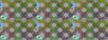 Raster Floral Illustration, Asyalı tekstil. Yeşil ve gri renkte etnik çiçeklerle kusursuz bir desen..