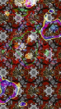 Raster illüstrasyonu. Çiçek desenli çizim. Asyalı tekstil renkleri.