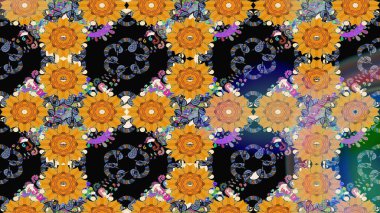 Raster illüstrasyonundaki çiçek desenli çizim. Renkli Bahar Teması eskiz kalıbı. Süslü kumaş deseni. Düz Çiçek Elementleri Tasarımı.