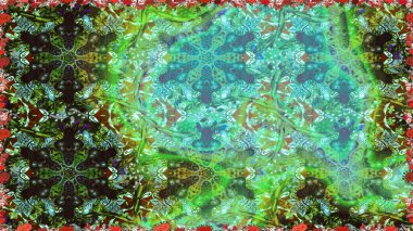 Altın antika ortaçağ dekoratifi yaprakları ve yeşil renklerde altın desenli süslemeleri olan pürüzsüz bir şablon. Kusursuz kraliyet lüksü, altın barok kumaş rengi..