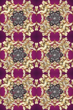 Kına dövmeli süs çiçekleri, altın çıkartmalar, mehndi ve yoga tasarımı, kartlar ve parmak izleri. Raster Golden Mehndi kusursuz desen. Renklerde desen.