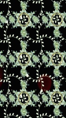 Siyah, nötr ve yeşil renkli çiçekler. Renkli Bahar Teması eskiz kalıbı. Düz Çiçek Elementleri Tasarımı. Raster illüstrasyonu. Çiçek desenli çizim. Asya tekstil tarzında.