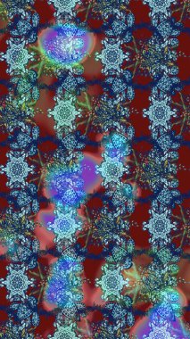 Çiçek desenli çizim. Asya tekstil tarzında. Raster illüstrasyonu. Raster illüstrasyonu. Mavi ve kırmızı renkte çiçekler.