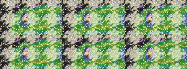 Yeşil renkli bitkilerden oluşan parlak çiçekli çizim deseni.