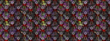 Moda arka planında parlak buketler. Kumaş, duvar kağıdı ve kağıt üzerine baskı yapmak için gelişen arka plan. Raster illüstrasyonu. Eski usul küçük çiçekli şirin bir eskiz deseni..