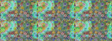 Raster illüstrasyonu. El çizimi çiçekli, soyut, pürüzsüz desen. Yeşil ve mavi renkte çiçekler.