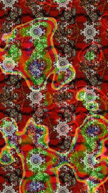 Raster illüstrasyonu. Moda baskısı, albüm, ambalaj kağıdı ve duvar kağıdı için zarif dekoratif süslemeler. Küçük çiçekli basit bir çiçek çizimi. Kahverengi, kırmızı ve yeşil renkte şirin çiçekler.