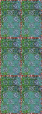 Yeşil ve mavi renklerde etnik çiçeklerle kusursuz bir desen. Raster Çiçek İllüstrasyon Şirin Tekstil.