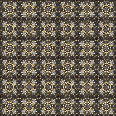 Senin tasarımın için, duvar kağıdı. Altın rengi, kusursuz çizim. Gri, kahverengi ve bej renklerde, altın çiçekli altın desenler. Raster geometrik arkaplanı.