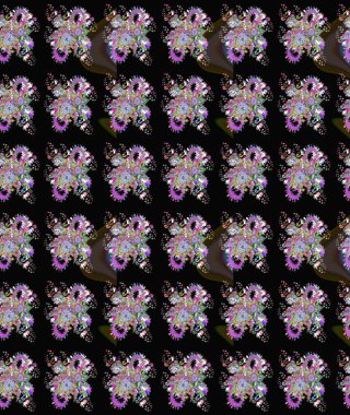 Renkli Bahar Temalı Kusursuz Arkaplan. Siyah ve mor renkli şirin çiçek desenleri. Raster Modaya uygun kumaş deseni. Düz Çiçek Elementleri Tasarımı.