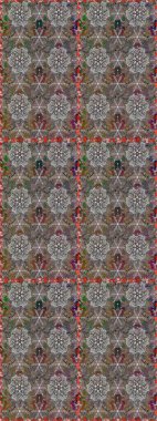 El çizimi çiçek unsurları olan soyut, dikişsiz raster deseni. Gri ve kahverengi üzerine gri ve kahverengi. Çiçekli ipek eşarp. 1950-1960 motifleri. Retro tekstil tasarım koleksiyonu.