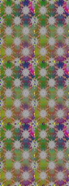 Renkli desenli, gri ve yeşil çiçekli ve dekoratif elementli kusursuz desen. Raster illüstrasyonu. Eski usul. Kusursuz bir geçmişi var. Kumaş, tekstil ve duvar kağıdı baskısı için..