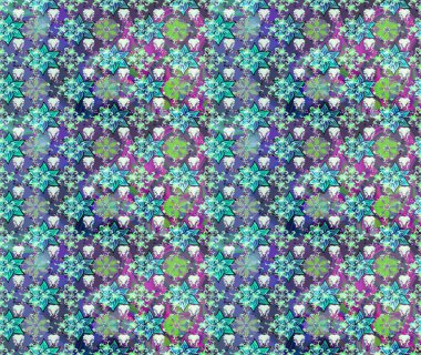 Renkli Bahar Teması eskiz kalıbı. Mavi ve nötr renklerde şirin çiçek desenleri. Raster Modaya uygun kumaş deseni. Düz Çiçek Elementleri Tasarımı.