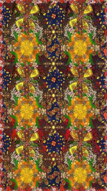 Raster illüstrasyonu. Çiçeklerle suluboya desenli çiçek deseni. Kahverengi ve sarı renkli güzel tekstil..