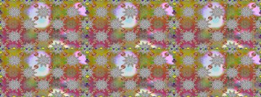 Raster - stok. Kusursuz bir arka plan modeli. Yapraklı çiçekler ve kır ve nötr renklerde papatya çiçekleri..