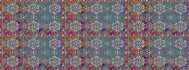 Şablon, pürüzsüz, çiçekli kenar. Çiçek çelengi. Güzel, parlak, pürüzsüz kumaş, tuval. Kıvırcık, parlak örgü. Eski moda arka plan. Raster illüstrasyonu.