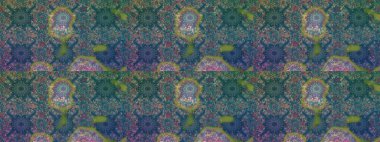 El çizimi çiçekli, soyut, pürüzsüz desen. Mavi ve yeşil renkli çiçekler. Raster illüstrasyonu.