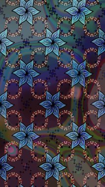 Raster illüstrasyonu. Çiçek desenli çizim. Mavi renkte Asya tekstili.