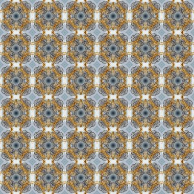 Altın antika ortaçağ dekoratifi, yapraklar ve gri, bej ve kahverengi renkli altın desenli süslemeler içeren pürüzsüz bir desen. Kusursuz kraliyet lüksü, altın barok kumaş rengi..