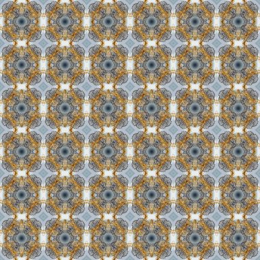 Altın antika ortaçağ dekoratifi, yapraklar ve gri, bej ve kahverengi renkli altın desenli süslemeler içeren pürüzsüz bir desen. Kusursuz kraliyet lüksü, altın barok kumaş rengi..