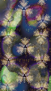 Eski usul. Renkli desenli eskiz deseni, gri çiçekler ve dekoratif elementlerle. Raster illüstrasyonu. Eskiz geçmişi. Kumaş, tekstil ve duvar kağıdı baskısı için..