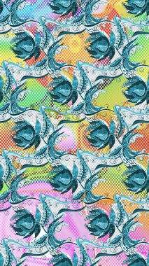 Raster düz çiçekli el deseni. Hediye ambalaj kağıdı, tebrik kartları, posterler ve pankart tasarımı. Mavi, nötr ve gri renkte çiçekler.