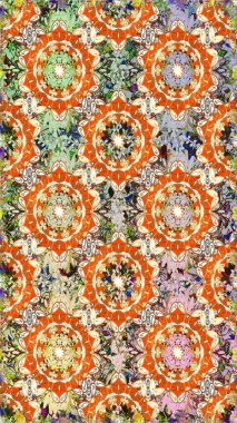 Doğu tarzı arabesk. Altın elementli turuncu renkler. Raster illüstrasyonu. Raster altın desen. Kusursuz altın desenli bukleler..