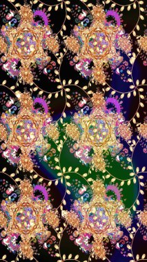 Raster Floral Illustration, Asyalı tekstil. Siyah renkli etnik çiçeklerle zarif eskiz deseni.