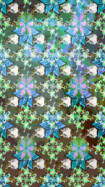 Raster Floral Illustration, Asyalı tekstil. Yeşil renkli etnik çiçeklerle zarif eskiz deseni.