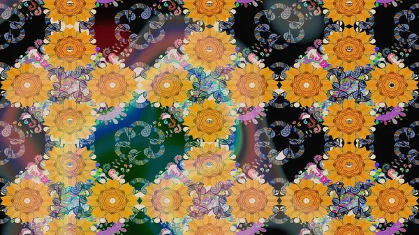 Raster illüstrasyonu. Nazikçe, sarı renkte bahar çiçekleri. Patlayan çiçekler soyut olarak yerleştirilmiş. Raster deseni.