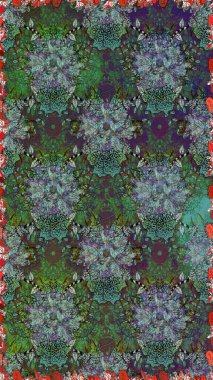 Çiçeksiz desenli arka plan. Gömlek baskısı için çiçek boyası. Yeşil ve gri renkte çiçekler.