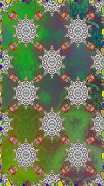 Parmak izi, kumaş, duvar kâğıdı, tekstil için raster dokusu. İşlemeli çiçekli, dikişsiz desen. Renkli grunge, koyu yeşil ve gri çiçeklerle soyut arkaplanı zenginleştirir.