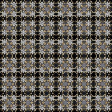 Altın rengi, kusursuz çizim. Gri, kahverengi ve siyah renklerde, altın çiçekli altın desenler. Senin tasarımın için, duvar kağıdı. Raster geometrik arkaplanı.