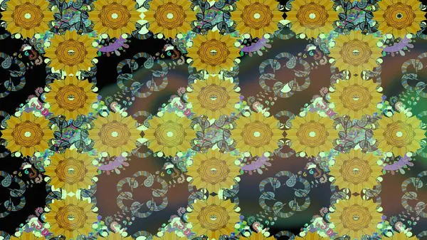 Raster illüstrasyonu. Çiçek süslemeli çizim deseni. Yeşil renkte çiçekler.