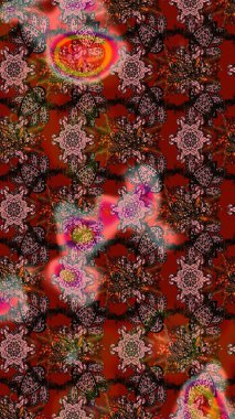 Eski usul. Eskiz geçmişi. Renkli desenli eskiz deseni, çiçekler ve dekoratif elementlerle. Raster illüstrasyonu. Kumaş, tekstil ve duvar kağıdı baskısı için..