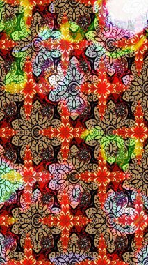 Elle çizilmiş çiçek desenli Raster çizimi. Tekstil, kumaş, ambalaj, hatıra defteri için hoş bir çiçek arkaplanı. Kırmızı arka planda. Çocuksu tasarım.