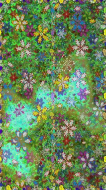 Çiçeksiz desenli, suluboya elle çizilmiş elementler. Parlak renkli fantezi çiçekleri, yapraklar, yeşil ve mavi renkli tomurcuklar yeşil ve mavi.