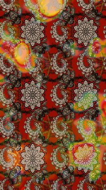 El çizimi çiçek unsurları olan soyut çizim raster deseni. 1950-1960 motifleri. Kahverengi ve bej üzerine kahverengi ve bej. Retro tekstil tasarım koleksiyonu. Çiçekli ipek eşarp..