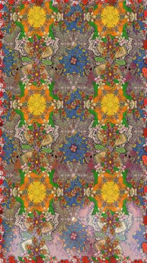 Millefleur 'lar. Küçük kahverengi çiçekli oldukça eski bir besin torbası deseni. Tekstil, kumaş, kapaklar, duvar kağıtları, baskı, paket, koleksiyon defteri, örgü, dekupaj için çiçek arkaplanı..