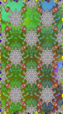 Düz Çiçek Elementleri Tasarımı. Renkli Bahar Temalı Kusursuz Arkaplan. Raster illüstrasyonunda kusursuz çiçek deseni. Yeşil ve gri renkte çiçekler.